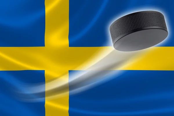 Hockey Puck Streaks Across Sweden's Flag — Stock Photo, Image