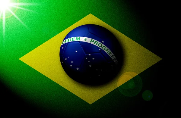 Bandera brasileña dibujada en el campo con balón de fútbol 3D — Foto de Stock