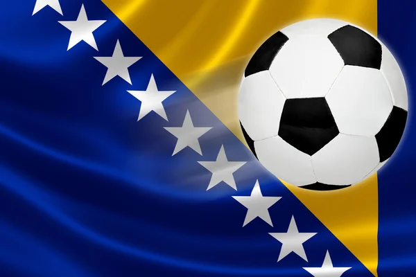 Balón de fútbol rayas a través de la bandera de Bosnia —  Fotos de Stock