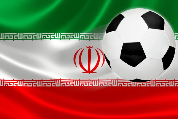 Balón de fútbol rayas a través de la bandera de Irán — Foto de Stock
