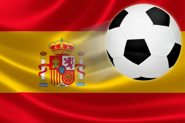 Calcio palla salta fuori dalla bandiera spagnola — Foto Stock