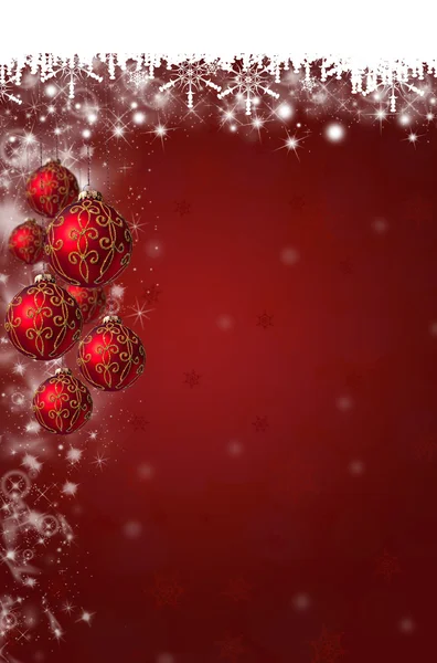 Płatki śniegu i Boże Narodzenie bombki tło w kolorze czerwonym — Zdjęcie stockowe