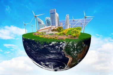Temiz doğa şehrine sahip dünya gezegeni yenilenebilir kaynaklara dayanıyor. Sürdürülebilir ekolojik gelecek kavramı ve çevre dostu bir gezegenin alternatif enerjisi. Bu görüntünün elementleri NASA görüntüleriyle donatılmıştır.