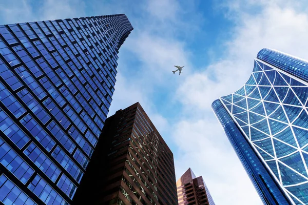 Bottoms View Tall Office Buildings Downtown Calgary Business District Blue — Stock Photo, Image