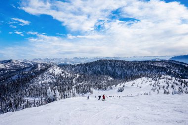 Tanımlanamayan kayakçılar, ABD 'deki Buzul Ulusal Parkı' nın batısındaki Montana, Whitefish 'teki Büyük Dağ' dan aşağı iniyor..