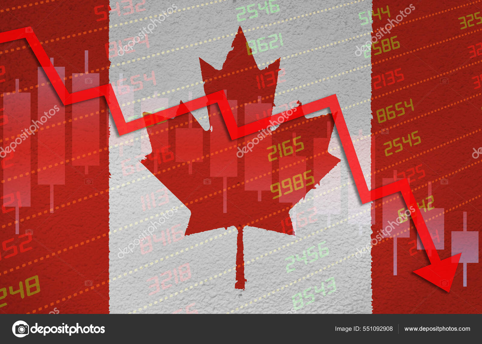 经济危机与股票市场的箭头在红色的负向区域上方的墙上画着加拿大国旗加拿大商业和金融市场衰退概念——图库图片© ronniechua #551092908