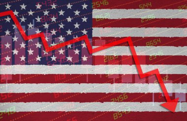 Borsa haritası olan ekonomik kriz, kırmızı negatif bölgelerde duvarda ABD bayrağı ile boyanmış. İş ve mali para piyasası ABD 'de düşüş konsepti.