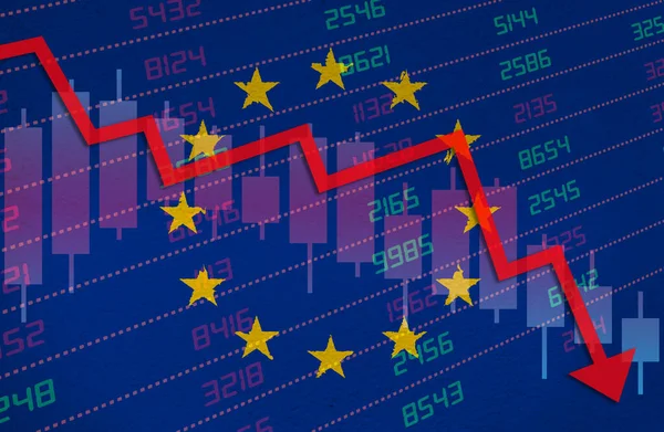 Borsa Haritası Olan Ekonomik Kriz Avrupa Birliği Bayrağının Üzerine Kırmızı — Stok fotoğraf