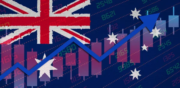 Economic recovery with stock market chart arrow up in positive territory over Australian flag painted on wall. Business and financial money market upturn concept in Australia.