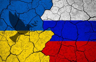 Çatlak duvarda Rus bayrağına doğru çizilmiş Ukrayna bayrağı üzerinde barış simgesi olan zeytin dallı güvercinin gölgesi. Savaşa değil barışa ihtiyacımız var..