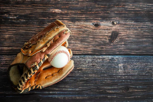 Leather Baseball Softball Glove Ball Rustic Wooden Background Copy Space — Zdjęcie stockowe