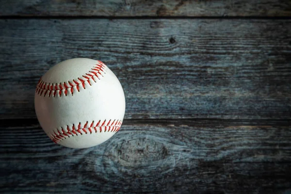 Leather Baseball Softball Ball Rustic Wooden Background Copy Space — Zdjęcie stockowe
