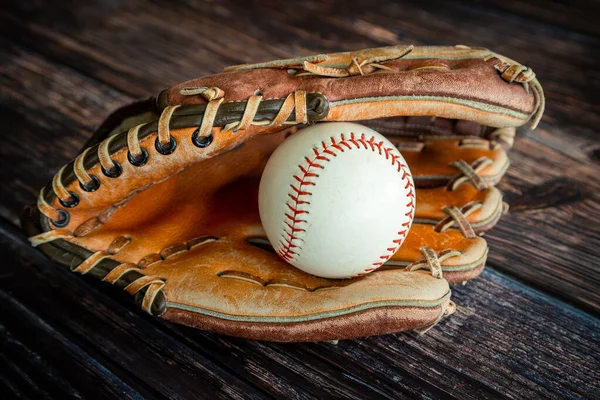 Leather Baseball Softball Glove Ball Rustic Wooden Background Copy Space — Stockfoto