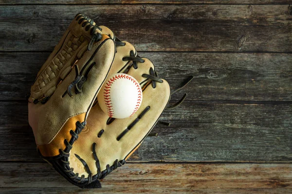 Leather Baseball Softball Glove Ball Rustic Wooden Background Copy Space — Zdjęcie stockowe