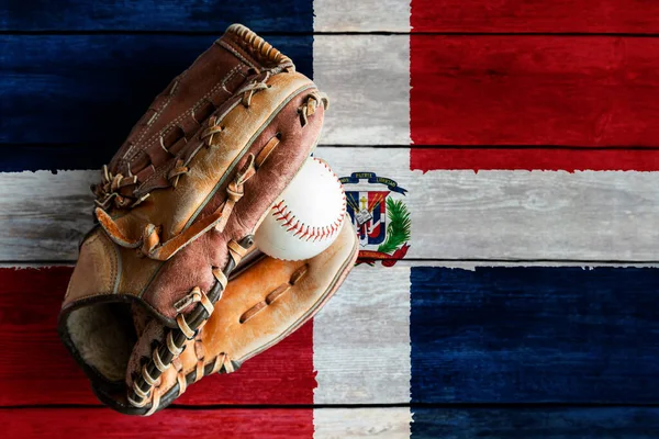 Leather Baseball Glove Ball Rustic Wooden Background Painted Dominican Republic — Fotografia de Stock