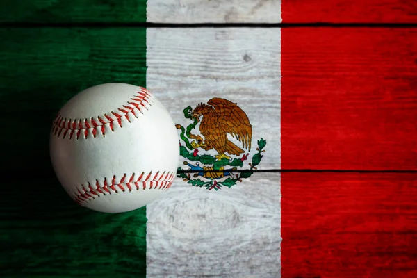 Leather Baseball Rustic Wooden Background Painted Mexican Flag Copy Space — Zdjęcie stockowe