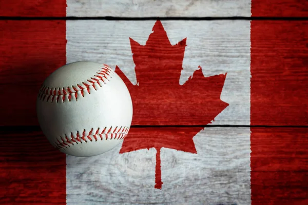 Leather Baseball Rustic Wooden Background Painted Canadian Flag Copy Space — Stockfoto