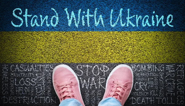 Person Standing Ukraine Message Asphalt Painted Ukraine Flag Stop War — стокове фото