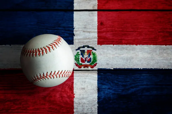 Leather Baseball Rustic Wooden Background Painted Dominican Republic Flag Copy — Fotografia de Stock