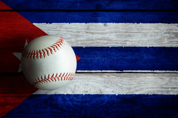 Leather Baseball Rustic Wooden Background Painted Cuban Flag Copy Space — Stock Photo, Image