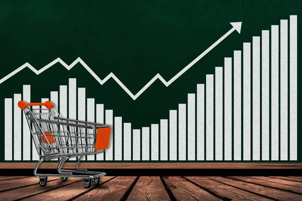 Shopping cart and growth chart on chalkboard with copy space. Concept of increases in sales, revenues, profits, economy, inflation, business activity.