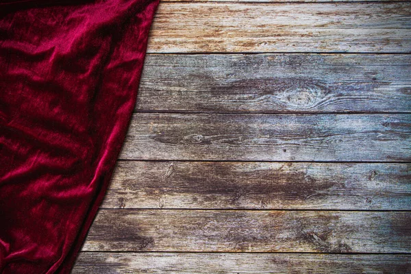 Red Fabric Velvet Table Cloth Empty Wooden Table Background Copy — Stockfoto