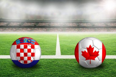 Hırvatistan, Kanada futboluna karşı açık havada Hırvat ve Kanada bayraklarıyla aydınlık bir stadyumda oynuyor. Arkaplanda sığ alan derinliği olan ön plan ve futbol topuna odaklan ve boşluğu kopyala.