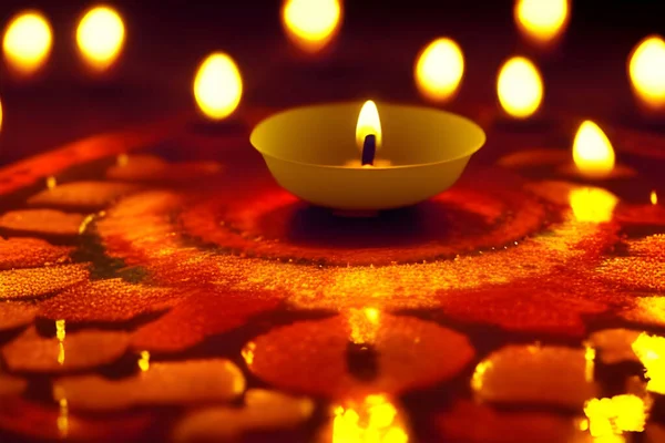 Happy Diwali Festival Diya Elementos Lâmpada Óleo Fundo Rangoli Com — Fotografia de Stock