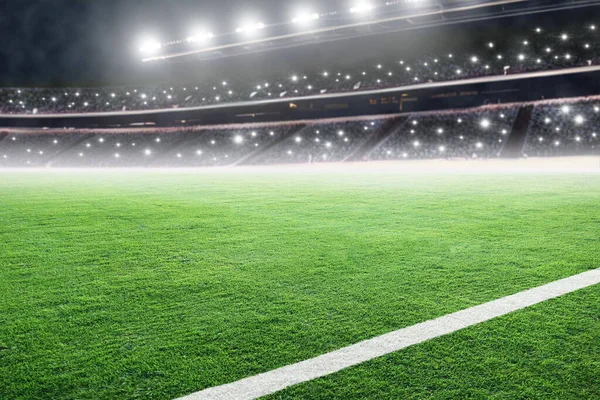 Brightly lit fictitious outdoor sports stadium with spectators and camera flashes. Suitable for football, soccer, baseball, rugby and cricket games. Focus on foreground on field grass with line marking and shallow depth of field on background with co