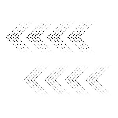Noktalı ok simgesi seti. Gradyan nokta vektörü izole elementler. Oklar beyaz arkaplanda yarım ton etkisi yaratıyor. Vektör illüstrasyonu.