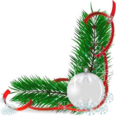 Uzun çam dalları üzerinde kırmızı yapraklar - Noel süslemeleri - vektör illüstrasyonu