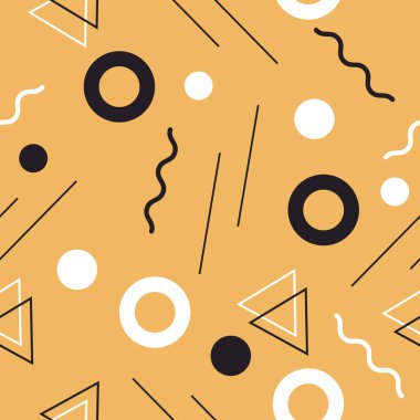 Sarı arka planda izole edilmiş kusursuz vektör desenleri, noktalar ve kısa çizgiler. Basit geometrik tekrarlayan tasarım. Güzel zigzag izi. Noktalı arkaplan.