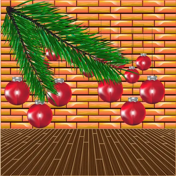 Christmas Balls Rozhdestvenskie Decorations Vector Brick Wall Wooden Floor Background — Stock Vector