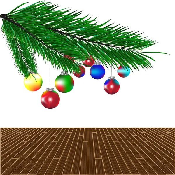圣诞装饰用松树枝隔离在白色背景 木制地板上 — 图库矢量图片