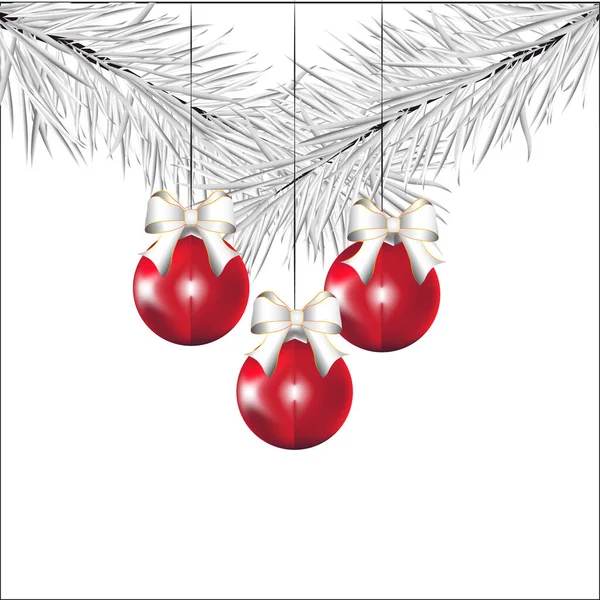 Red Christmas Balls White Fir Branch Vector Illustration White Background — Stock Vector