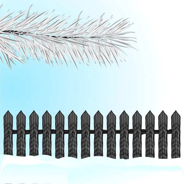 Christmas Card Fir Branches Wooden Fence Snow Vector Illustration — Stock Vector