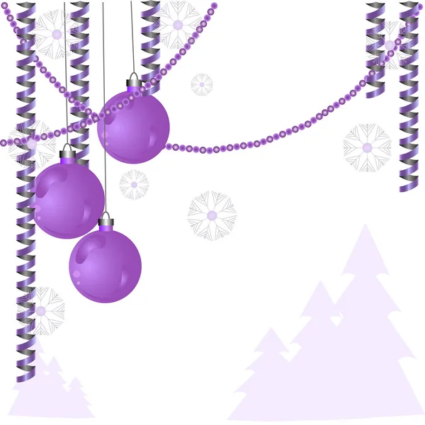 Tarjeta Navidad Bolas Navidad Con Cintas Árboles Navidad Copos Nieve — Vector de stock