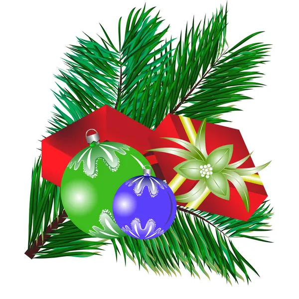 Weihnachtspostkarte Glänzende Christbaumkugeln Und Geschenkboxen Auf Tannenzweigen Hintergrund — Stockvektor