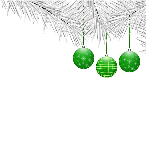 Tarjeta Navidad Con Bolas Verdes Rama Pino Blanco — Vector de stock