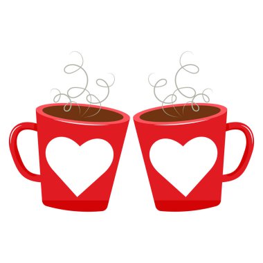 İki bardak sıcak bir içecek ile. Kırmızı Kupası kalp ile. Vektör çizim