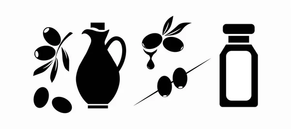 Icône Vectorielle Olive Bouteille Huile Olives Méditerranéennes Branche Feuilles Silhouettes — Image vectorielle