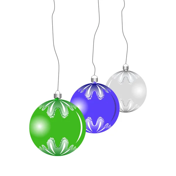 Set Three Christmas Balls Blue Green Silver Pattern String New — Stock Vector