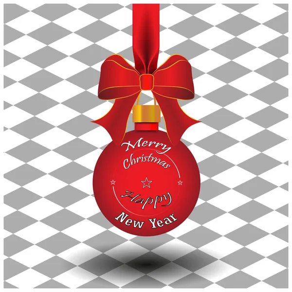 リボン付きの赤いクリスマスボールと黒と白のケージの背景に弓 メリークリスマスとハッピーニューイヤー2022 グリーティングカードテンプレート ベクターイラスト — ストックベクタ