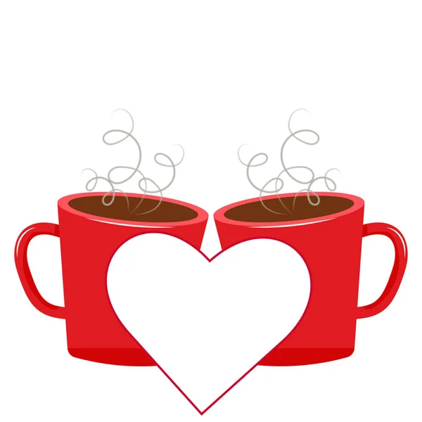 温かい飲み物と つのカップ 心で赤カップ ベクトル図 — ストックベクタ