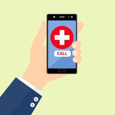 Beyaz haçlı, kırmızı arkaplanlı akıllı telefon ekranda. Acil durum, mobil sağlık teknolojisi, çevrimiçi tıp, tıbbi uygulama, çevrimiçi doktor yardımı.