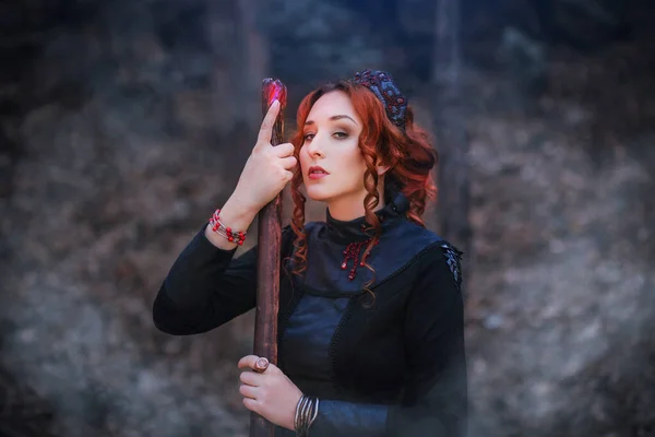 Evil Witch Staff Forest Slavic Witch Creates Red Magic Young — Stock Photo, Image