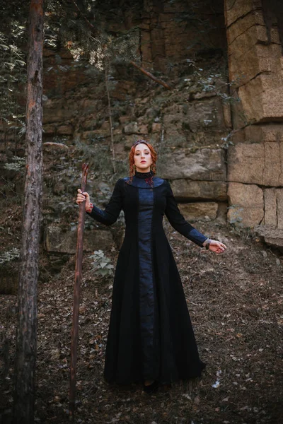 Evil Witch Staff Forest Slavic Witch Creates Red Magic Young — Stock Photo, Image