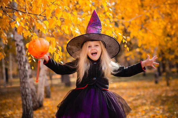 Kicsi Szőke Lány Boszorkánynak Öltözve Ősszel Egy Tököt Tart Parkban — Stock Fotó