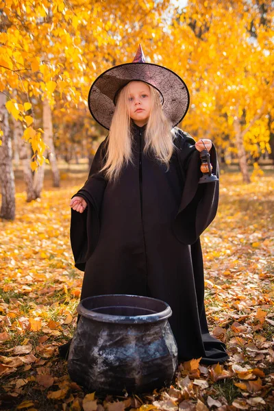Mała Urocza Blondynka Przebrana Czarownicę Trzymająca Latarnię Parku Jesienią Dekoracje — Zdjęcie stockowe