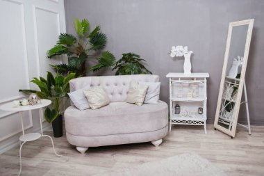 İçi beyaz ve gri tonlarda, eski bir komodin, bir ayna, gri bir kanepe ve yeşil bitkilerle kaplı. Beyaz kahve masası.